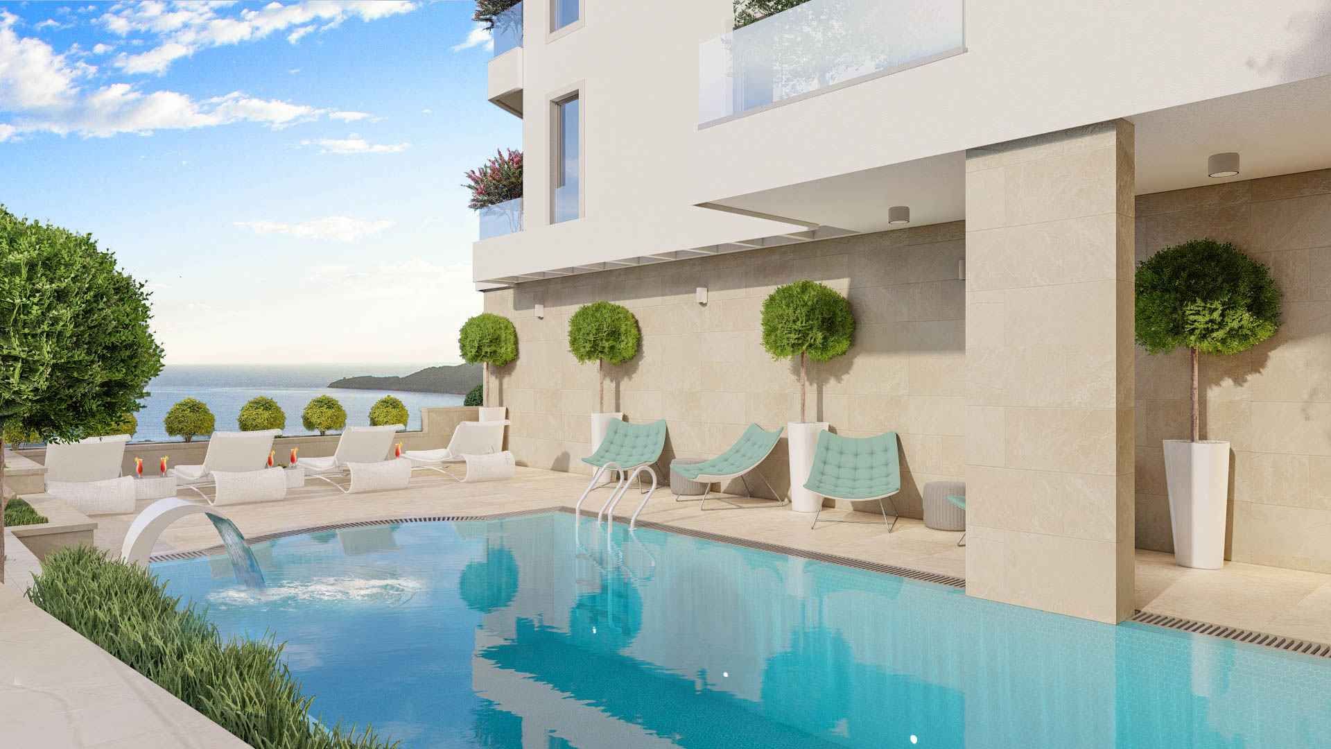 amforaproperty.com/Trosoban stan 100m2+15m2 GRATIS zelene terase,u novom kompleksu sa bazenom, SPA i pogledom na more - BECICI